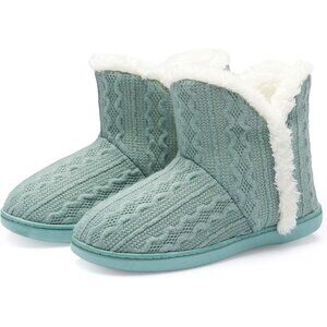 Women's Light Green Winter Warm Fluffy Fur Lined Plush Bootie Slippers Shoes